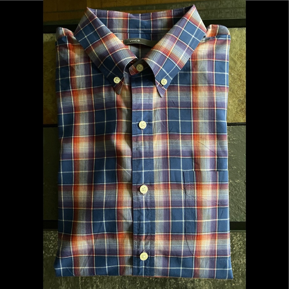 Vince Plaid Shirt Cotton Large Thin Long Sleeve